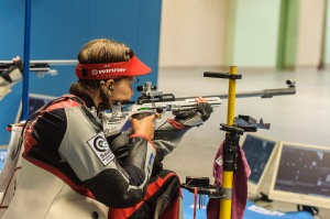 MUNICH - SEPTEMBER 6: Gold medalist Selina GSCHWANDTNER of Germany competes in the 50m Rifle 3 Positions Women Finals at the Olympic Shooting Range Munich/Hochbrueck during Day 4 of the ISSF World Cup Final Rifle/Pistol on September 6, 2015 in Munich, Germany. (Photo by Nicolo Zangirolami)